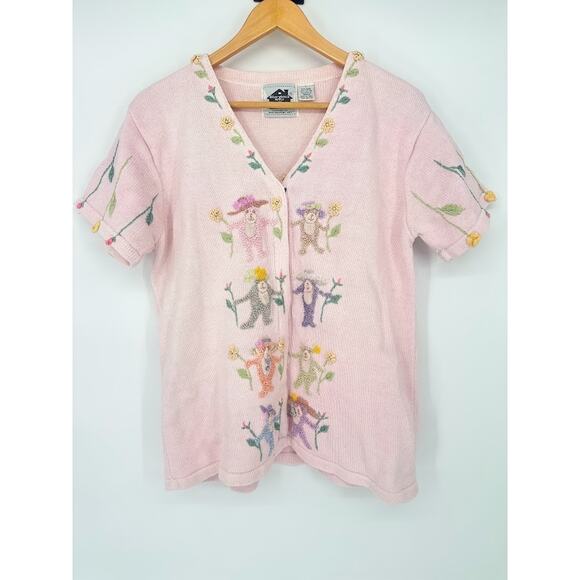 Vintage Storybook Knits L Monkey Bear Short Sleeve Cardigan Sweater Floral - Picture 1 of 13